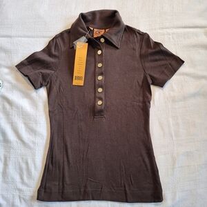 Tory Burch women's size XS dark brown 6 button polo shirt NWT